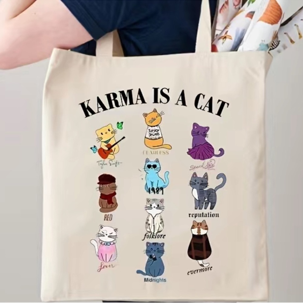 Taylor Swift Eras Tour Karma is a Cat Tote Bag Canvas Poster Cats 1989 Fearless - Picture 3 of 7